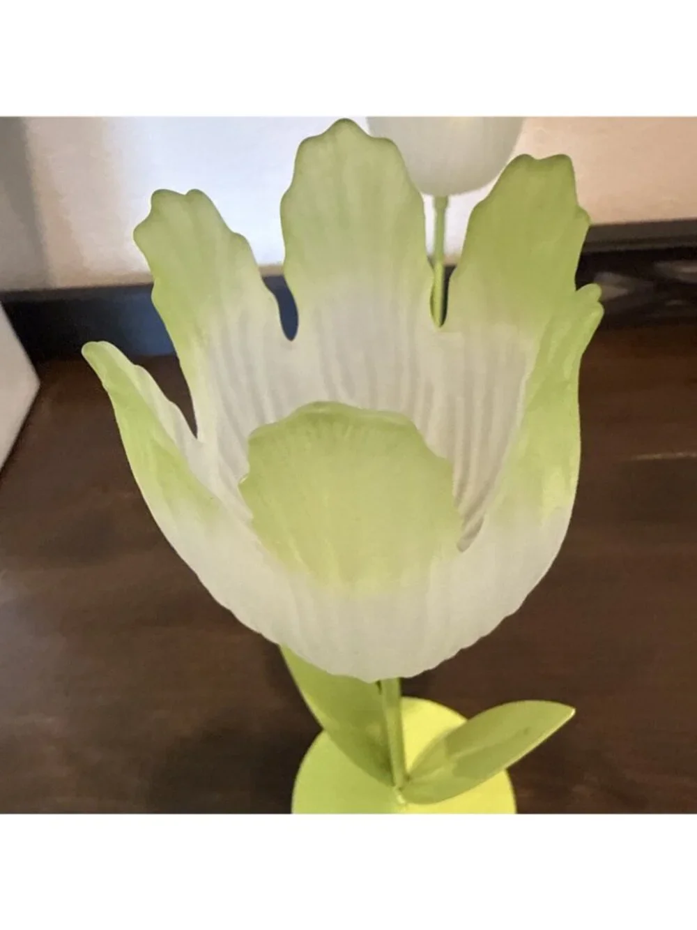 Vtg Lime - Yellow Frosted Tulip Flower Votive Tea Light Candle Holders Glass Mtl